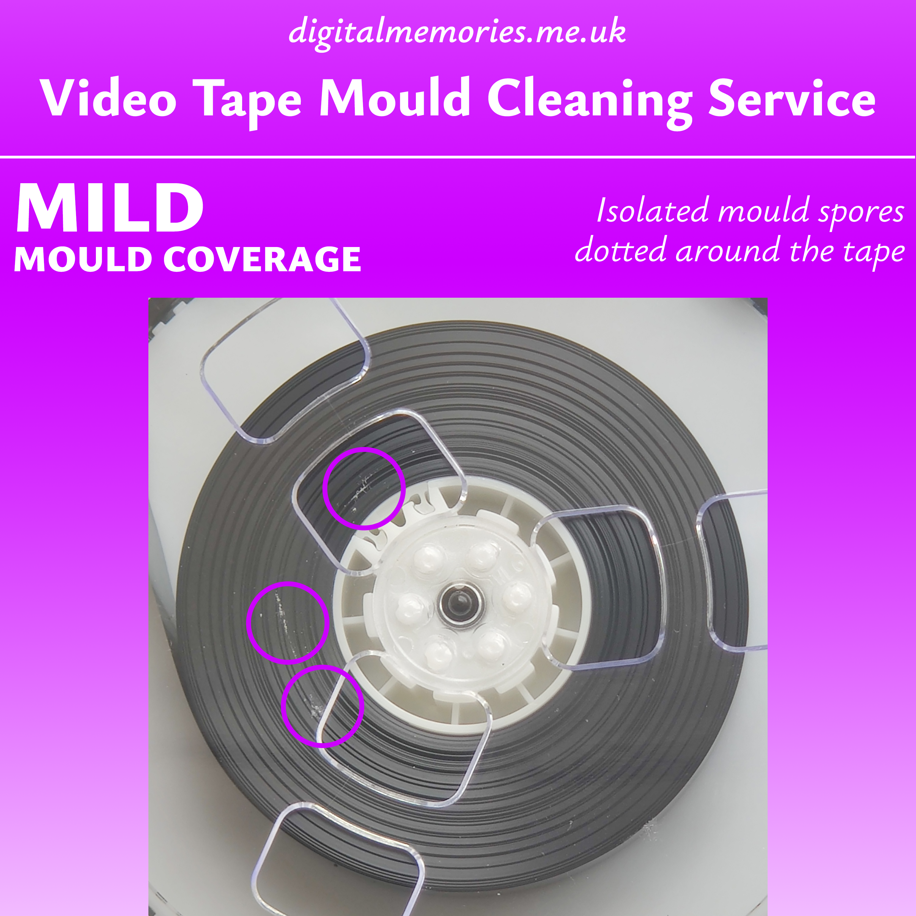 mild mould coverage: isolated mould spores dotted around the tape